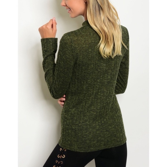 Green Sweater Top Mock Neck Ribbed Juniors L - Picture 2 of 6